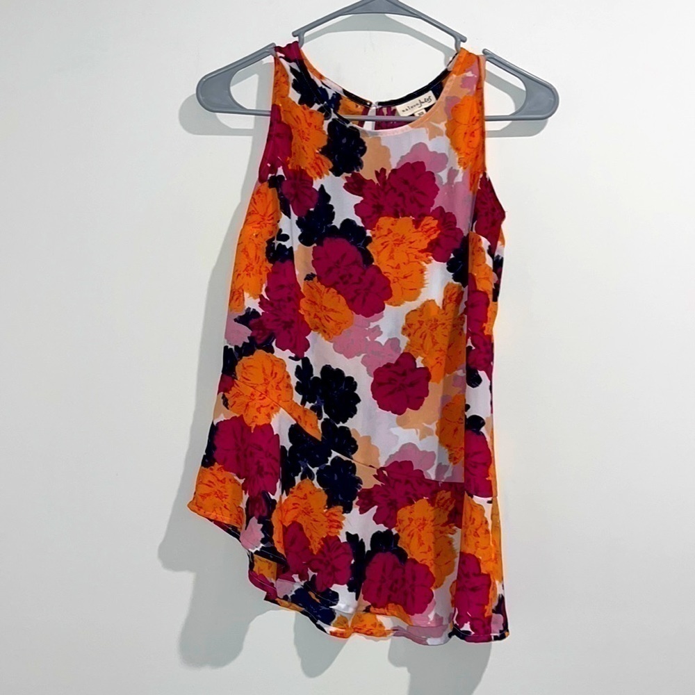 Maison Jules white purple orange floral sheer top. Size XS.